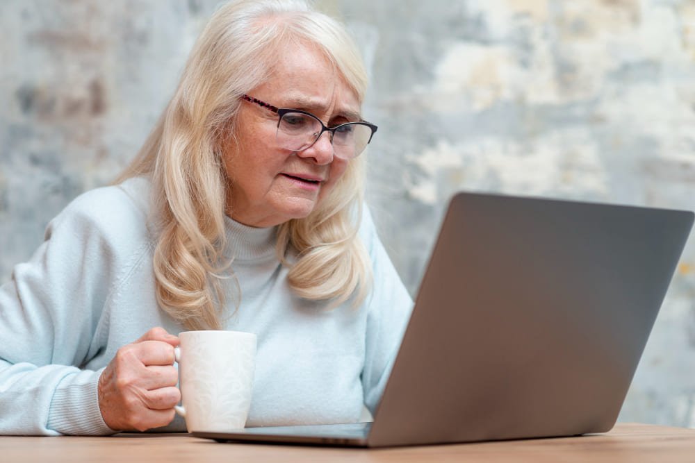 Complex formalities after death: a senior woman in front of a computer